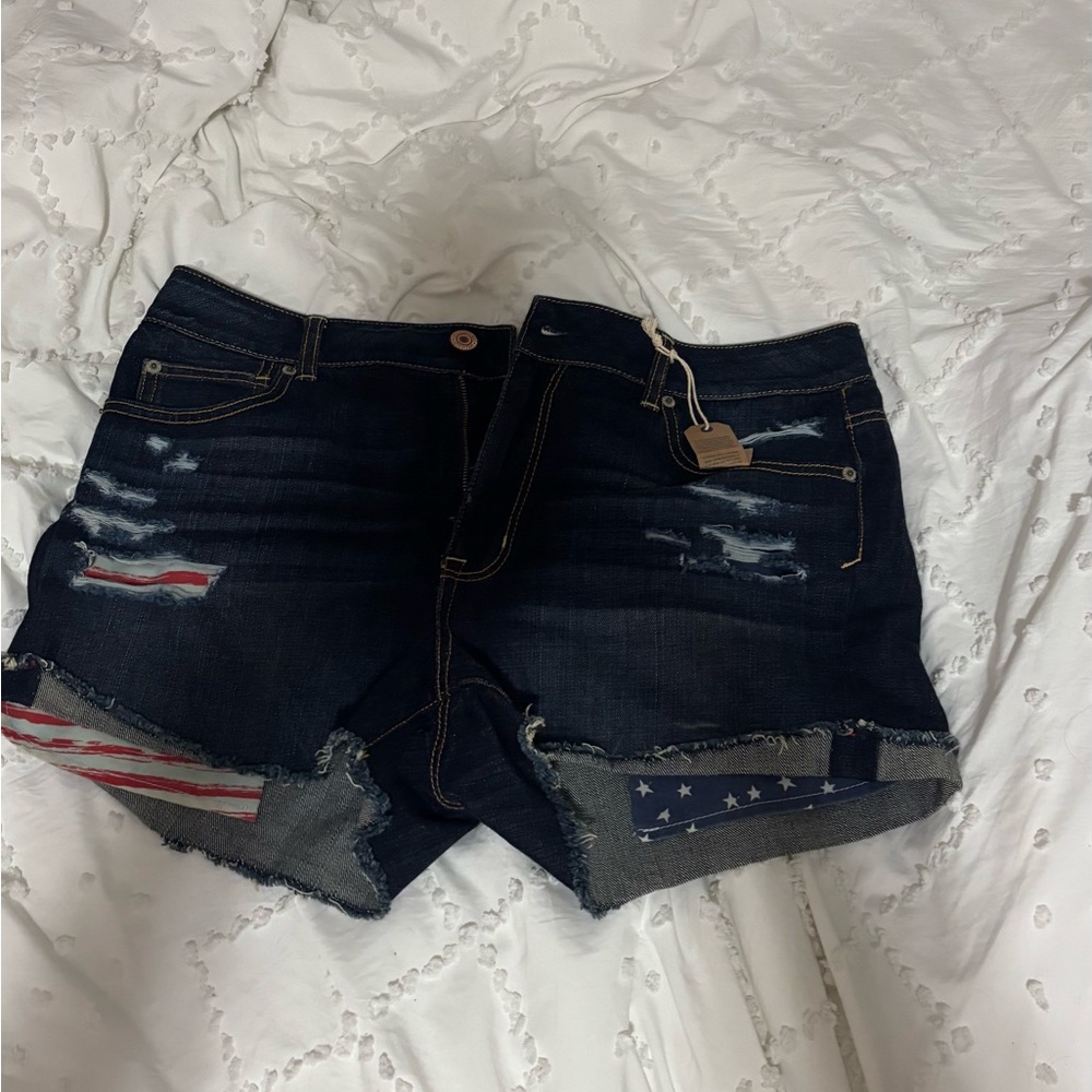 American Eagle Outfitters Dark Blue Distressed Denim Shorts with Flag Insets